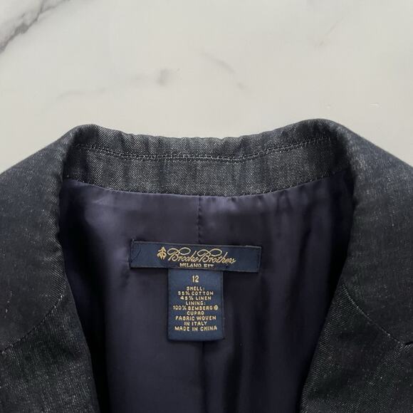 Brooks Brothers Linen Blazer Denim Blue Size 12 Preppy Nautical Logo Chic jacket - Picture 3 of 11